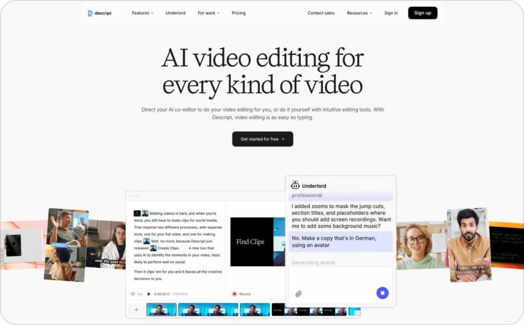 Descript landing page screenshot