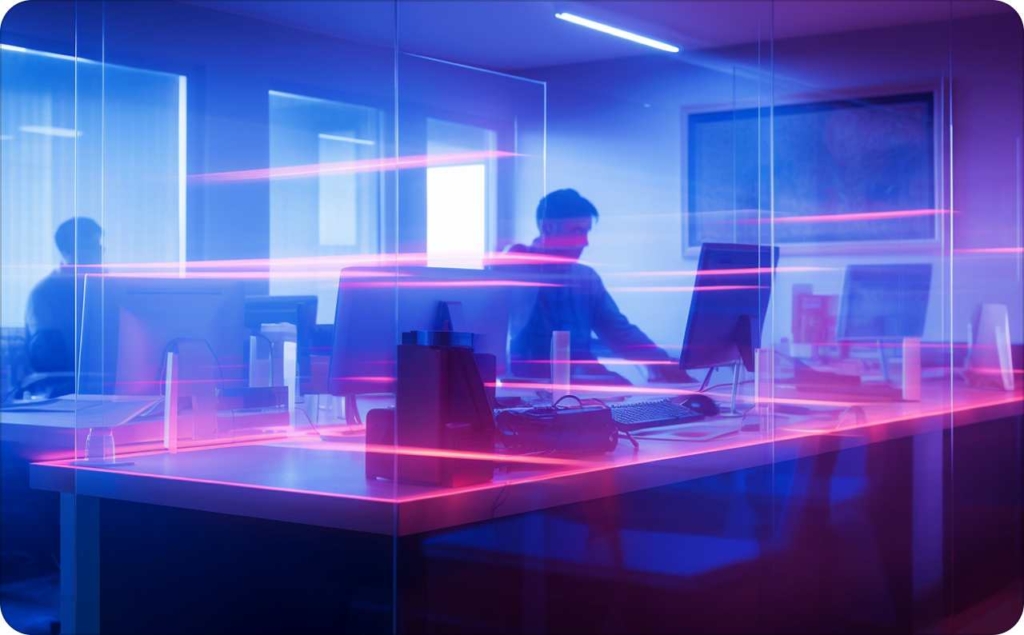 Modern office workspace with employees working at computers behind glass walls, illuminated by neon blue and pink light streaks, representing a high-tech environment for digital marketing for IT companies