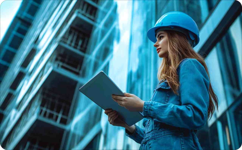 Female contractor in a blue hard hat using a tablet on a construction site, illustrating digital marketing for contractors.