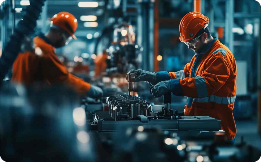 Manufacturing workers in safety gear assembling machinery in a factory, illustrating the need for a strong digital marketing strategy for manufacturers.
