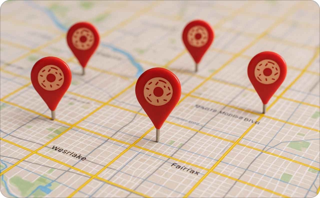 Close-up of a city map with donut-themed location markers.