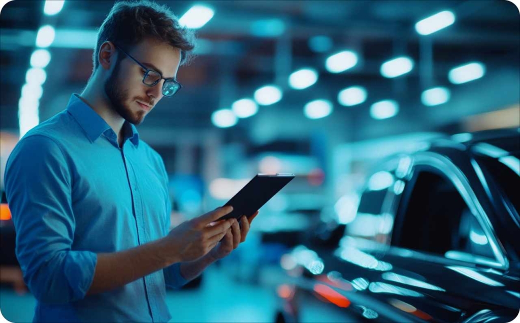 A man wearing glasses and a blue shirt uses a tablet inside a modern car showroom with vehicles and bright lights in the background, illustrating the concept of using Facebook ads for car dealerships.