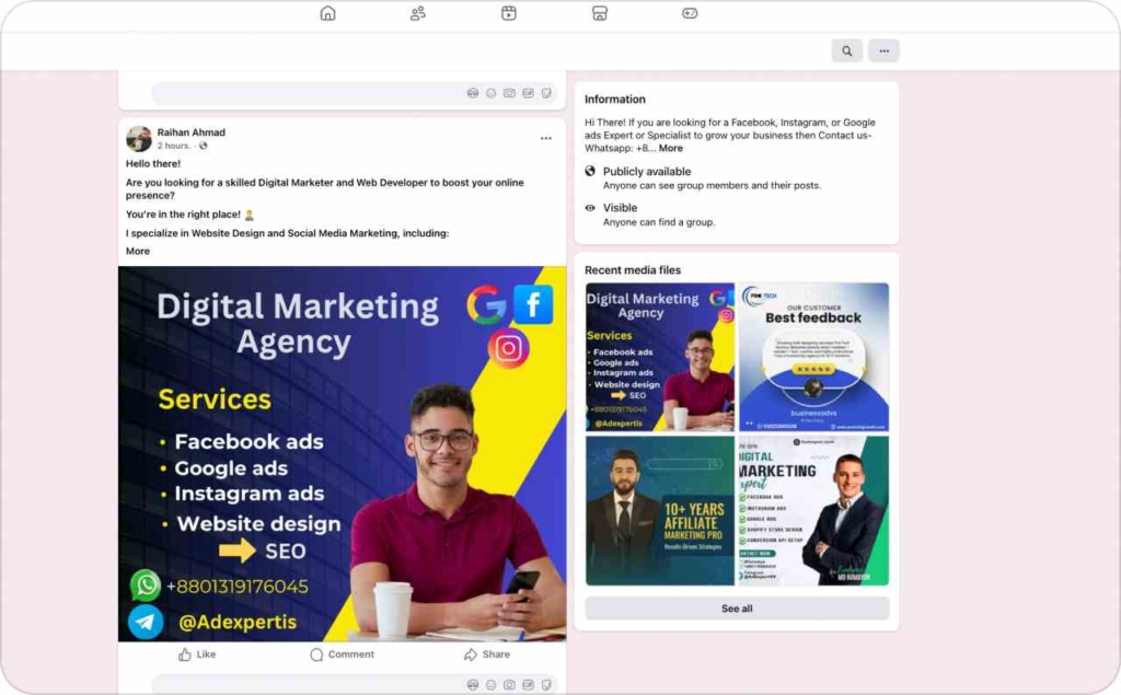 Screenshot from Facebook group Facebook Ads & Google Ads Services Expert