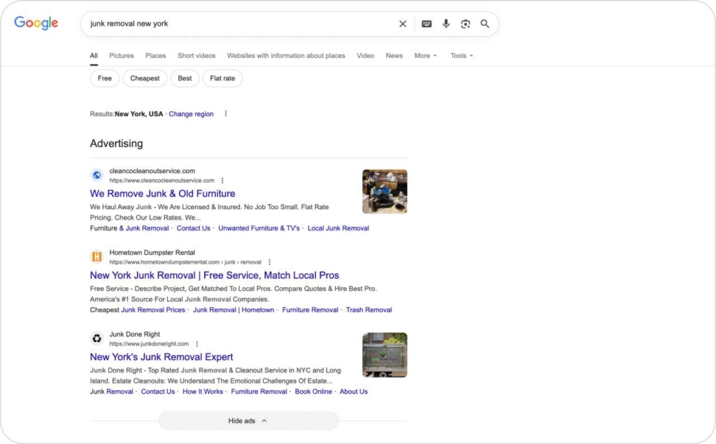Google Search with promoted junk removal advertisings