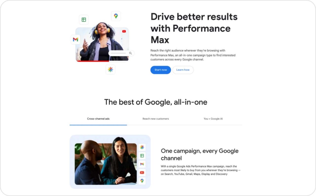 Screenshot of Google Performance Ads landing page