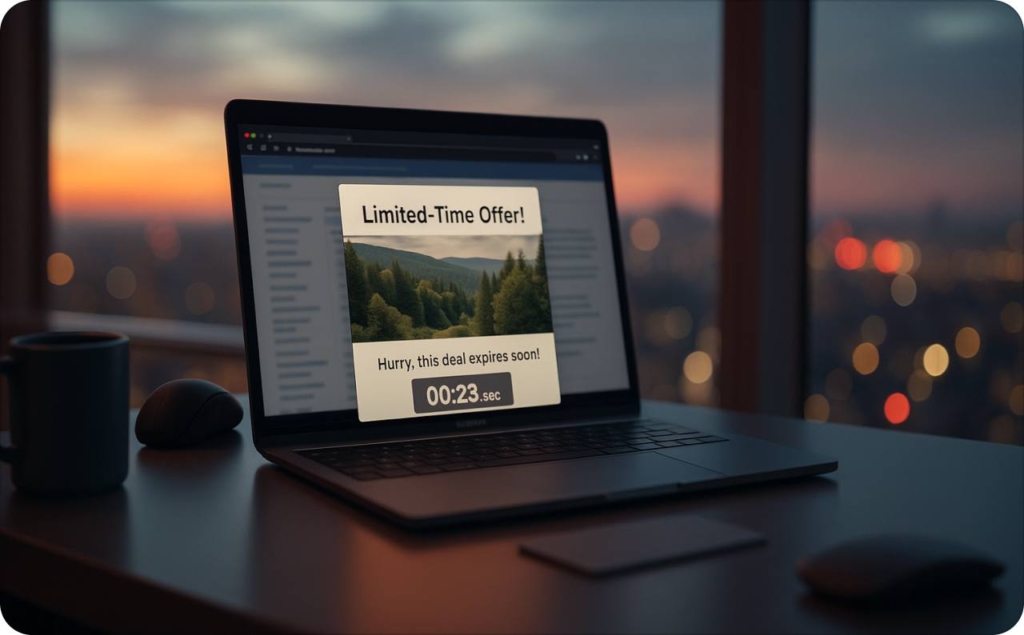 A laptop screen displaying a limited-time offer popup with a countdown timer, illustrating interstitial ad examples used to create urgency in digital marketing.