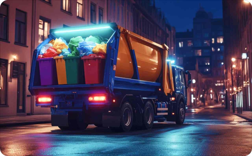 A brightly lit junk removal truck collecting colorful bins at night on a city street, used to promote a junk removal advertising campaign.