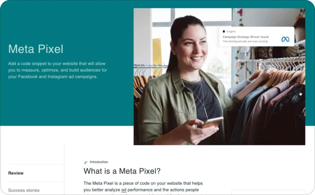Screenshot of Meta Pixel landing page