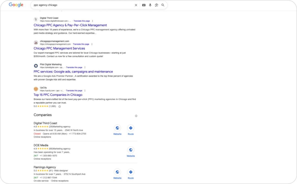 The screenshot of Google search of PPC agency