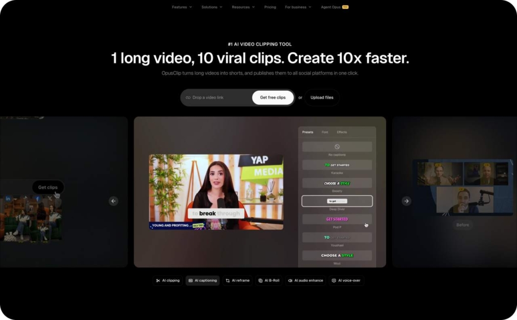 OpusClip landing page screenshot