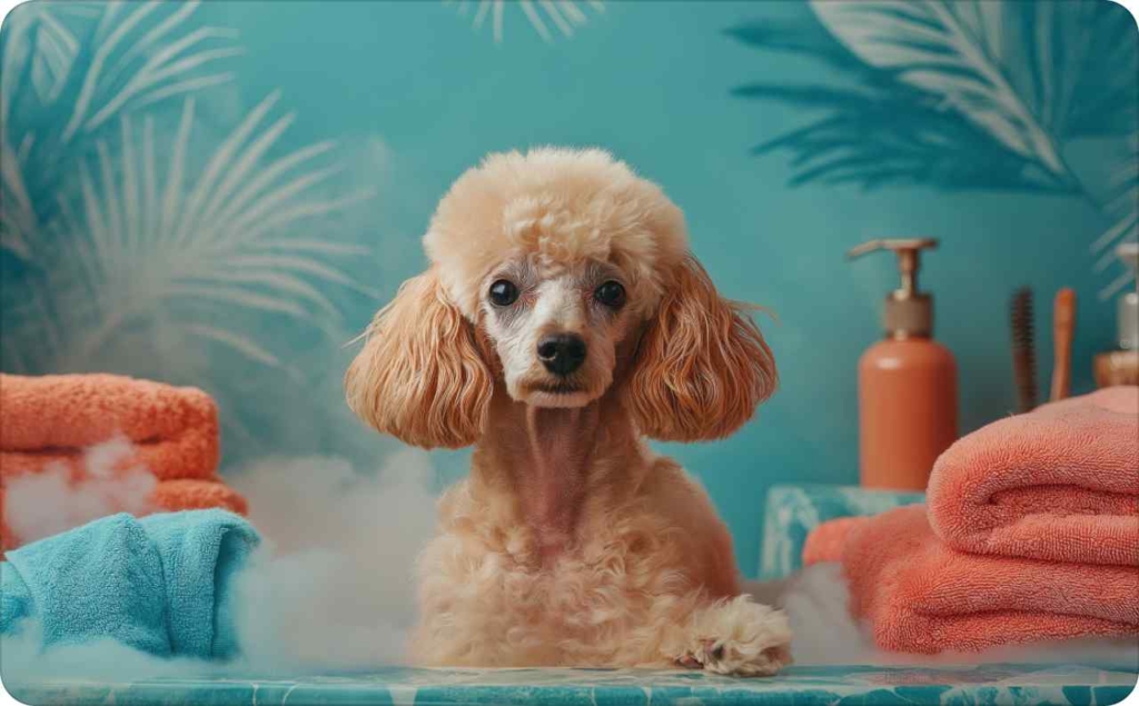 Pet care or a freshly groomed apricot toy poodle sitting in a turquoise bathroom with tropical wall decor, surrounded by orange and blue towels, steam, and grooming products.