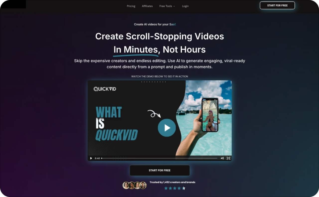 QuickVid AI landing page screenshot