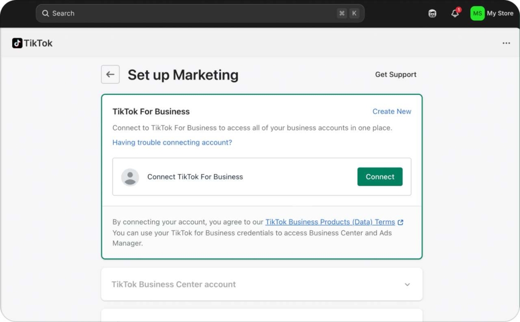 TikTok on Shopify, connecting TikTok for Business