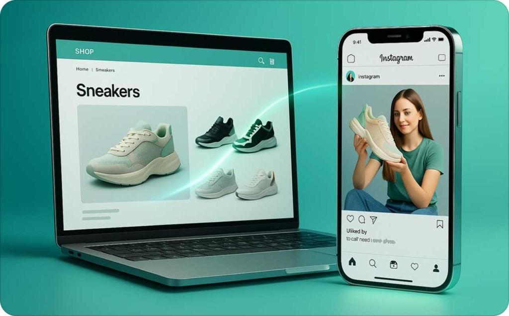 A laptop screen shows an online store selling sneakers, while a smartphone next to it displays an Instagram post featuring a woman promoting the same sneakers illustrating targeted display advertising that connects e-commerce products with social media marketing.