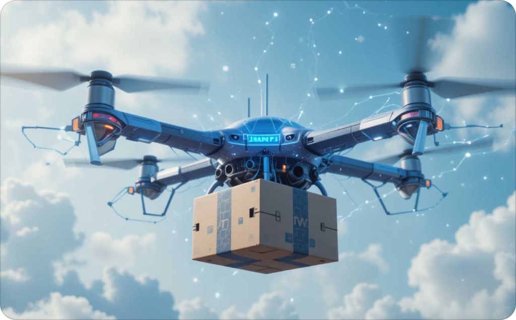 A futuristic delivery drone carrying a package through the sky, representing innovation and creativity in Technology Ads Examples for 2025 campaigns.