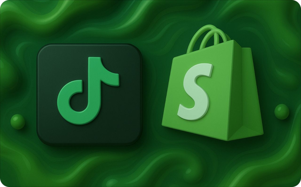 3D illustration of TikTok and Shopify logos in green tones, symbolizing TikTok advertising integration for Shopify e-commerce businesses.
