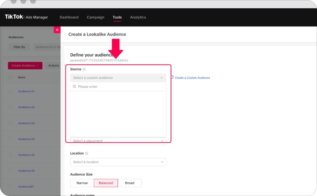 TikTok Business Help Center showing how to add lookalike modeling