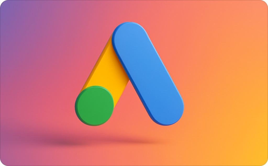 A 3D illustration of the Google Ads logo on a colorful gradient background, representing Google Ads consulting services and digital advertising support.