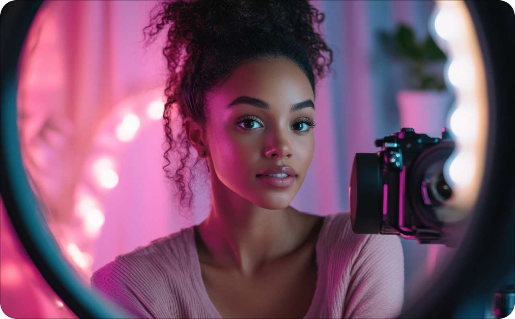 Young woman recording content in a pink-lit studio for UGC ads.