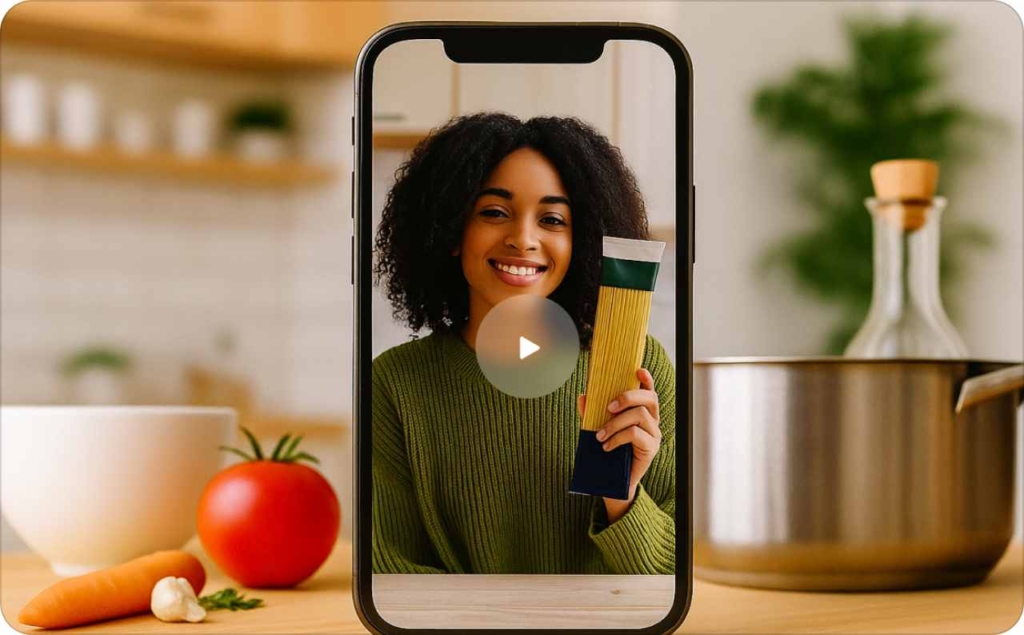 A woman creating a video ad in her kitchen, smiling and holding a pack of spaghetti while recording herself on a smartphone.