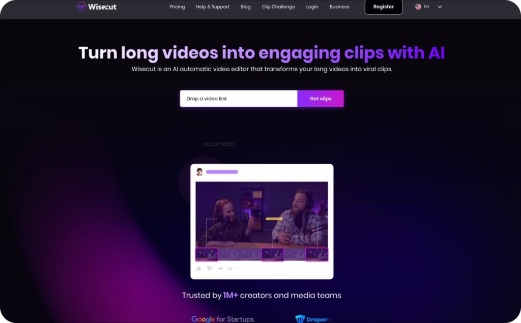 Wisecut landing page screenshot
