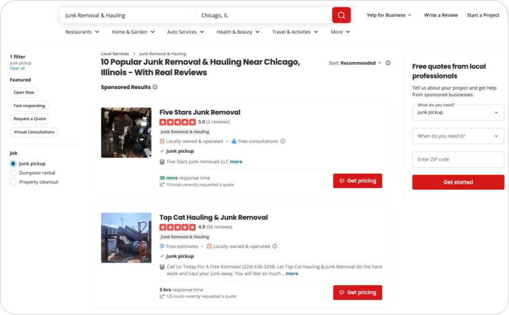 Yelp junk removal in Chicago search