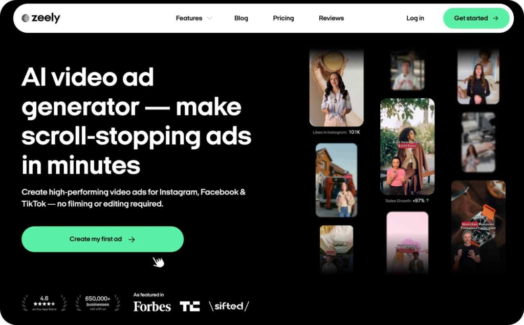 Zeely AI video creator landing page screenshot
