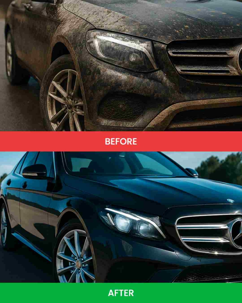 Zeely AI ad portraying a car before and after car wash