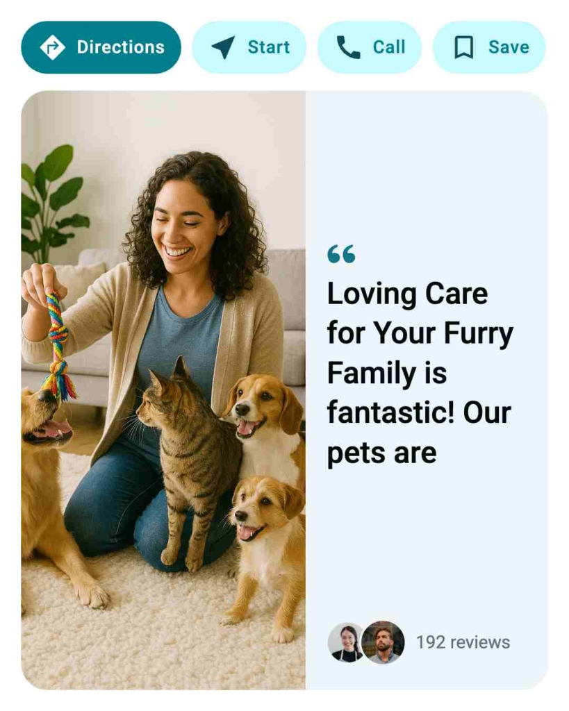 Zeely AI ad portraying a pet owner who is playing with dogs and a cat