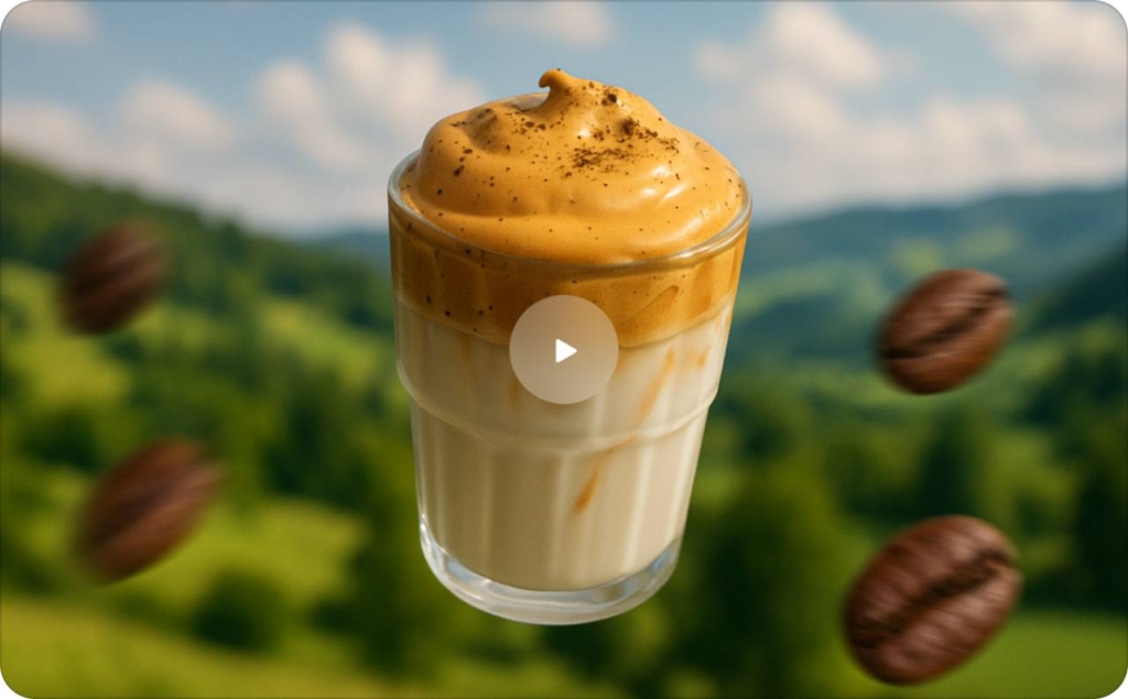 Animated ads featuring a glass of creamy dalgona coffee with whipped foam on top, floating against a blurred green landscape background with coffee beans in motion.