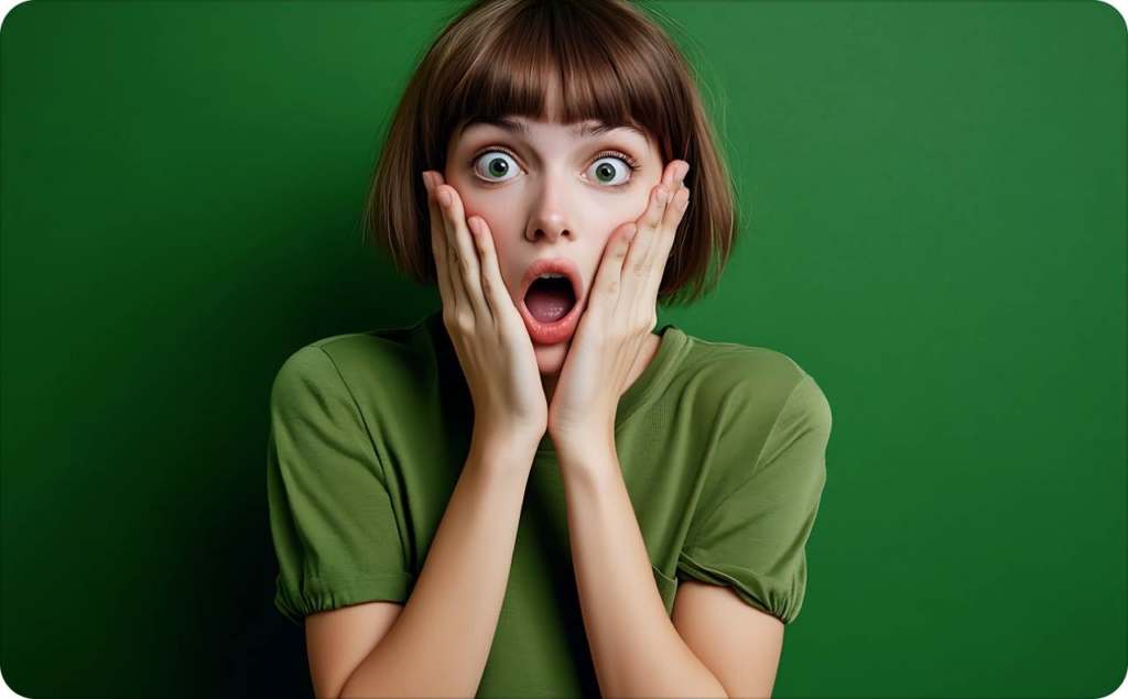 “A surprised young woman holding her face with wide eyes against a green background, representing emotional reactions used in advertising techniques examples.