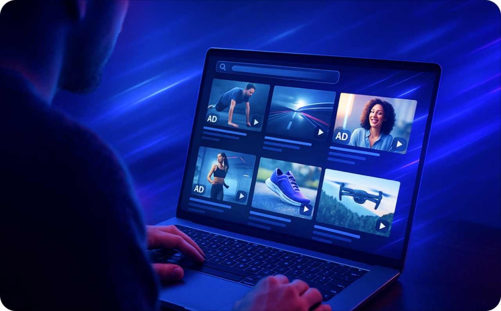 A person viewing a laptop screen filled with product and video ads, representing digital content browsing and remarketing ad examples in an online interface.