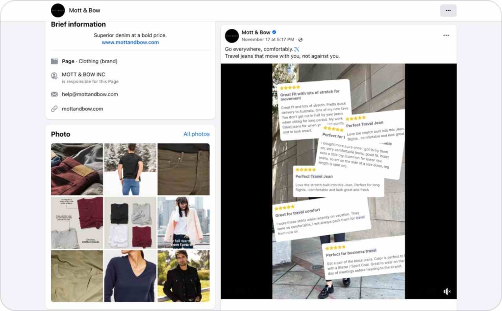 Screenshot of Mott & Bow page on Facebook