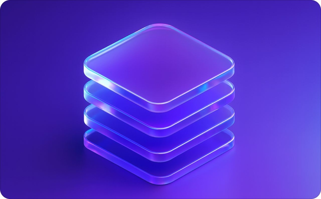 A glowing, futuristic stack of translucent purple and blue rounded squares forming the AdCreative.ai logo, symbolizing layered creative technology; used in content discussing AdCreative.ai alternatives.