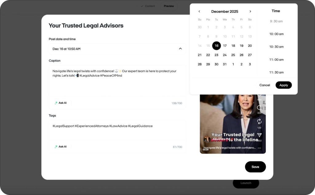 Screenshot of scheduling viral campaign via Zeely AI