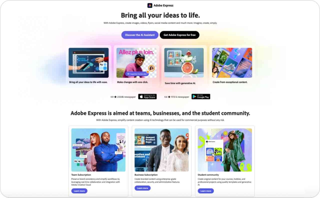 Adobe Express landing page screenshot