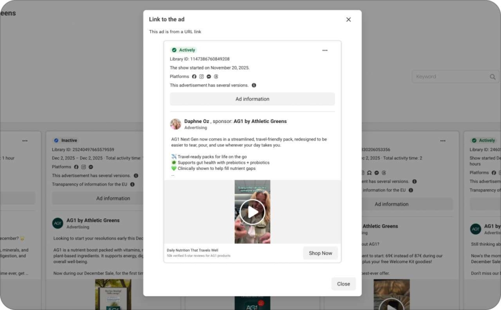 Screenshot of AG1 by Athletic Greens ad on Meta Library