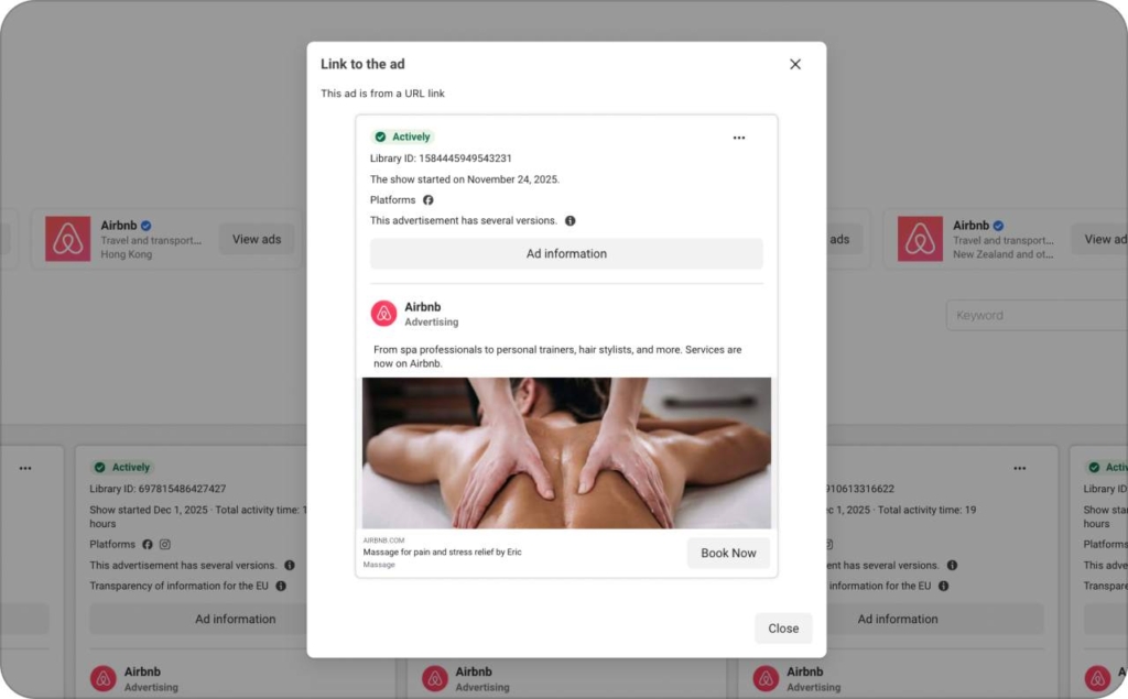 Screenshot of Airbnb ad on Meta Library