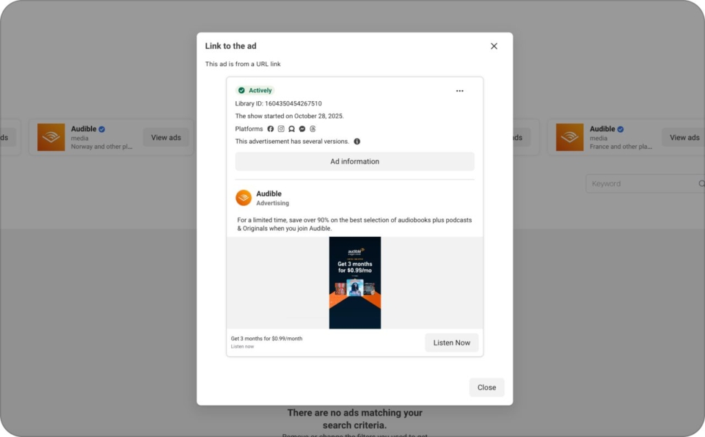 Screenshot of Audible ad on Meta Library