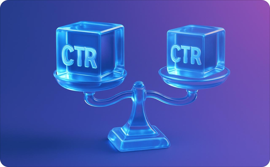 3D blue scale balancing two cubes labeled “CTR,” symbolizing comparison of campaign performance and illustrating the concept of Average CTR for Facebook ads.