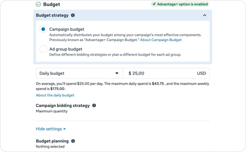 Daily campaign budget for Facebook ad screenshot