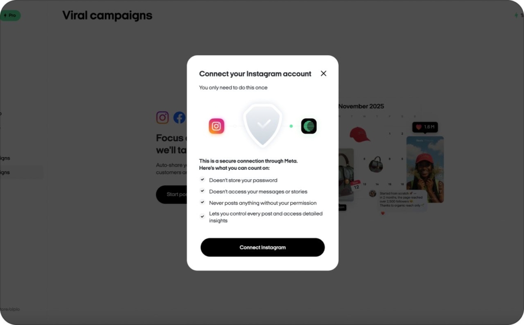 Screenshot of connecting the Instagram account to Zeely AI for creating a viral campaign