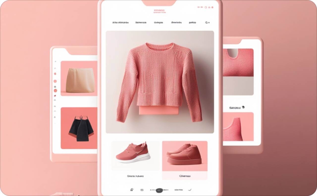 Mobile e-commerce interface displaying a pink sweater, shoes, and accessories arranged in a clean product grid, illustrating an E-commerce product data feed for online retail catalogs.