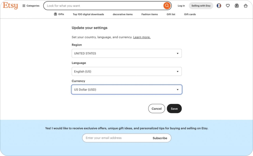 Etsy settings page