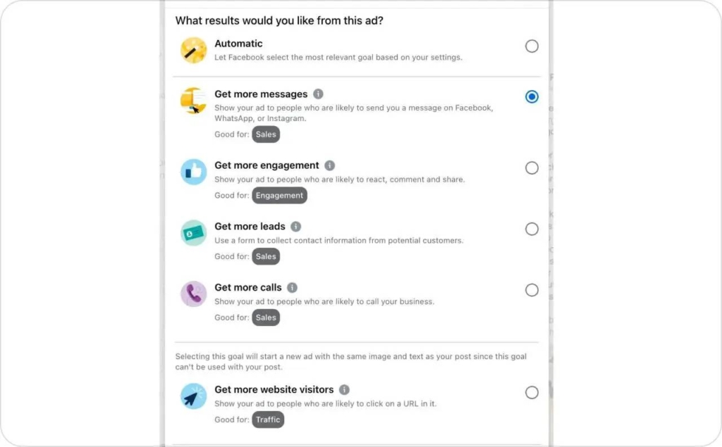 Goal of Facebook campaign screenshot