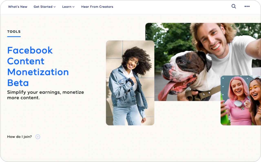 Facebook Creatos landing page screenshot