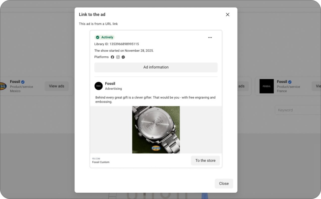 Screenshot of Fossil ad on Meta Library