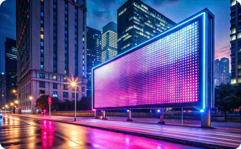Large digital billboard glowing with bright neon colors in a cityscape at night, showcasing modern outdoor advertising.