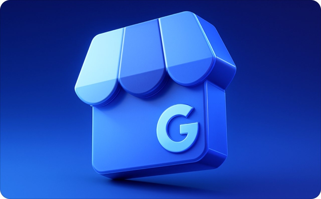 3D blue storefront icon with a Google “G” logo, representing a Google business post visual for local business updates.