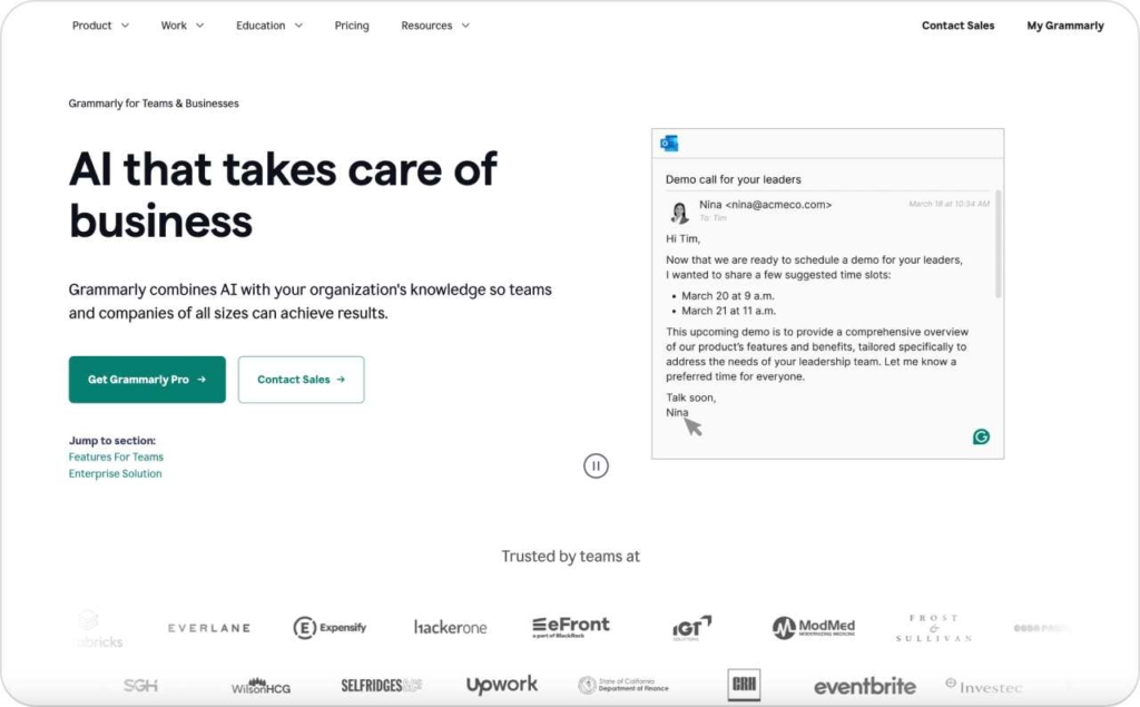 Grammarly Business landing page screenshot